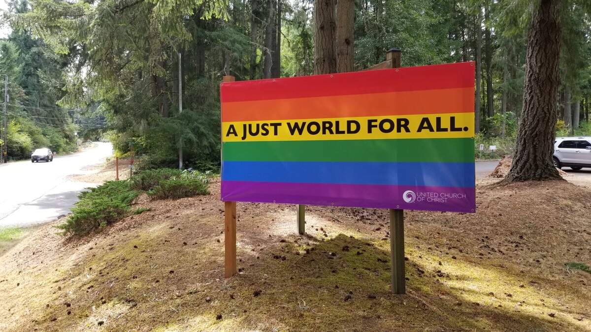 This “A Just World For All” sign was vandalized outside of the Fox Island United Church of Christ. The sign was found cut down on Sunday, June 18, 2023.