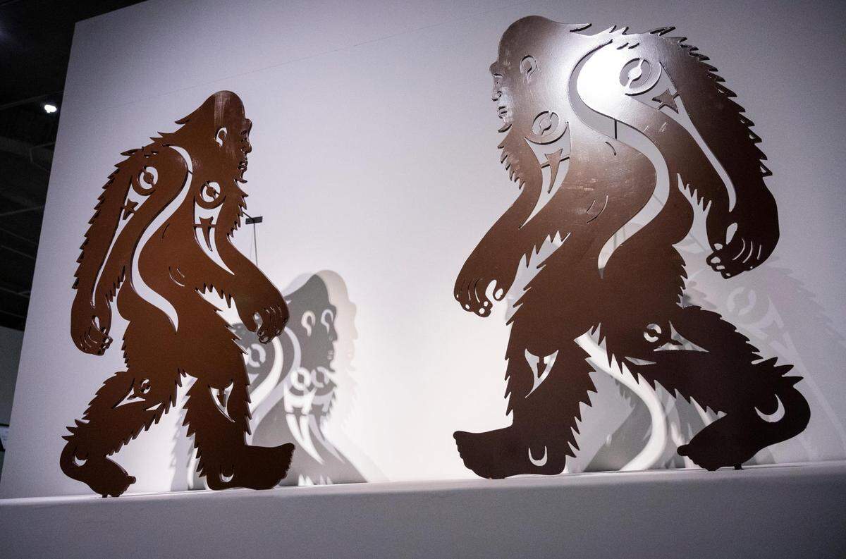 A view of a sculpture titled, “Siblings Between Two Rivers,” by artist Katherine Arquette is on display as part of the ‘In the Spirit’ annual summer celebration of diverse Native American arts and culture at the Washington State History Museum in Tacoma, Wash. on Thursday, June 16, 2022.