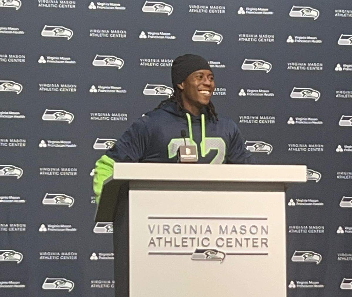 Rashid Shaheed on his first day as a Seahawks wide receiver, Wednesday, Nov. 5, 2025, one day after Seattle traded with the New Orleans Saints to get him.