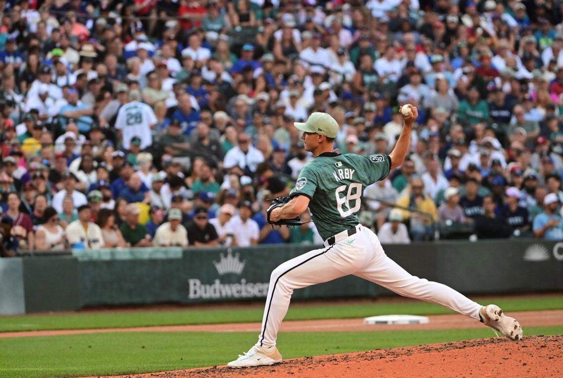 Seattle Mariners pitcher George Kirby pitches in the 2023 MLB All-Star Game at T-Mobile Park on Tuesday, July 11, 2023.