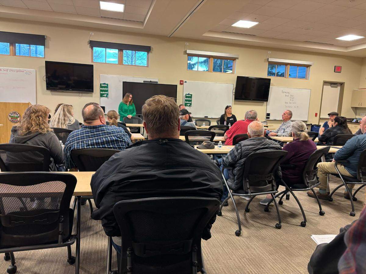 Dozens of residents spoke out against the proposed closure of the Rainier School at the Buckley Fire Station on March 25, 2025.