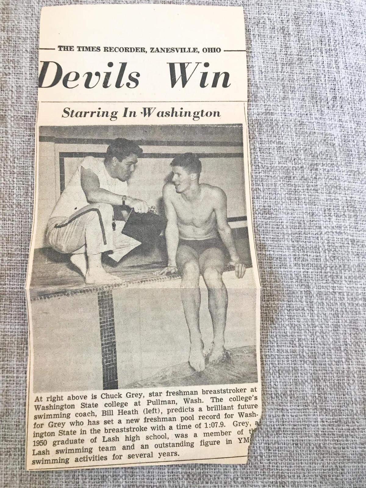 A newspaper clipping shows Bill Heath when he was a swimming coach at Washington State University.