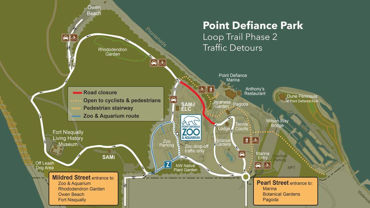 A map shows the road closure in Point Defiance Park in Tacoma as of March 2, 2026.