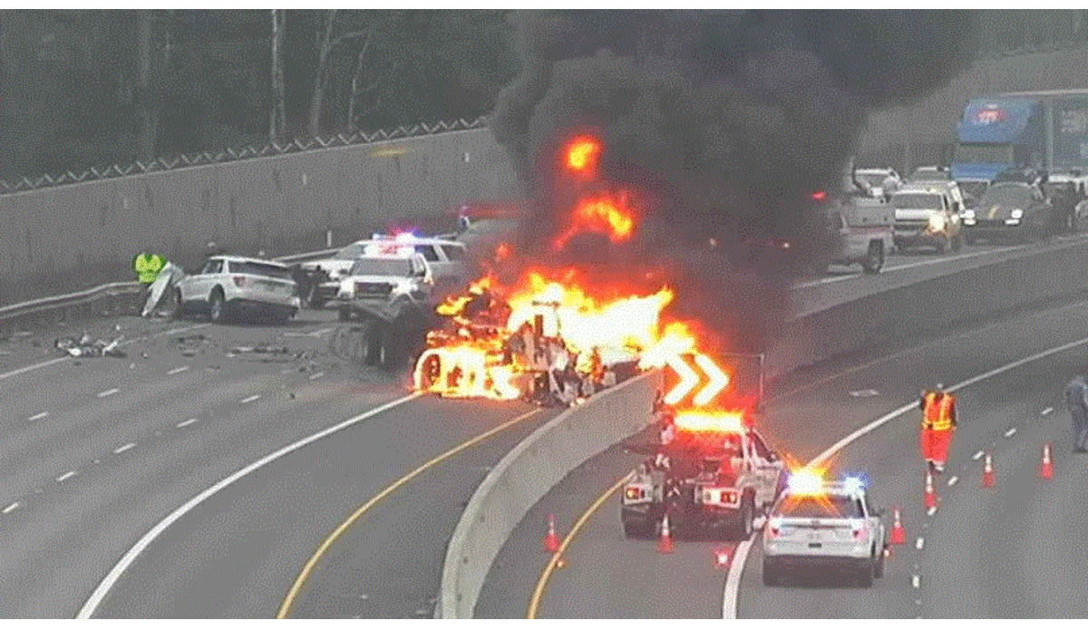 A vehicle fire on Interstate 5 near Joint Base Lewis-McChord shut down both directions of travel Tuesday afternoon.