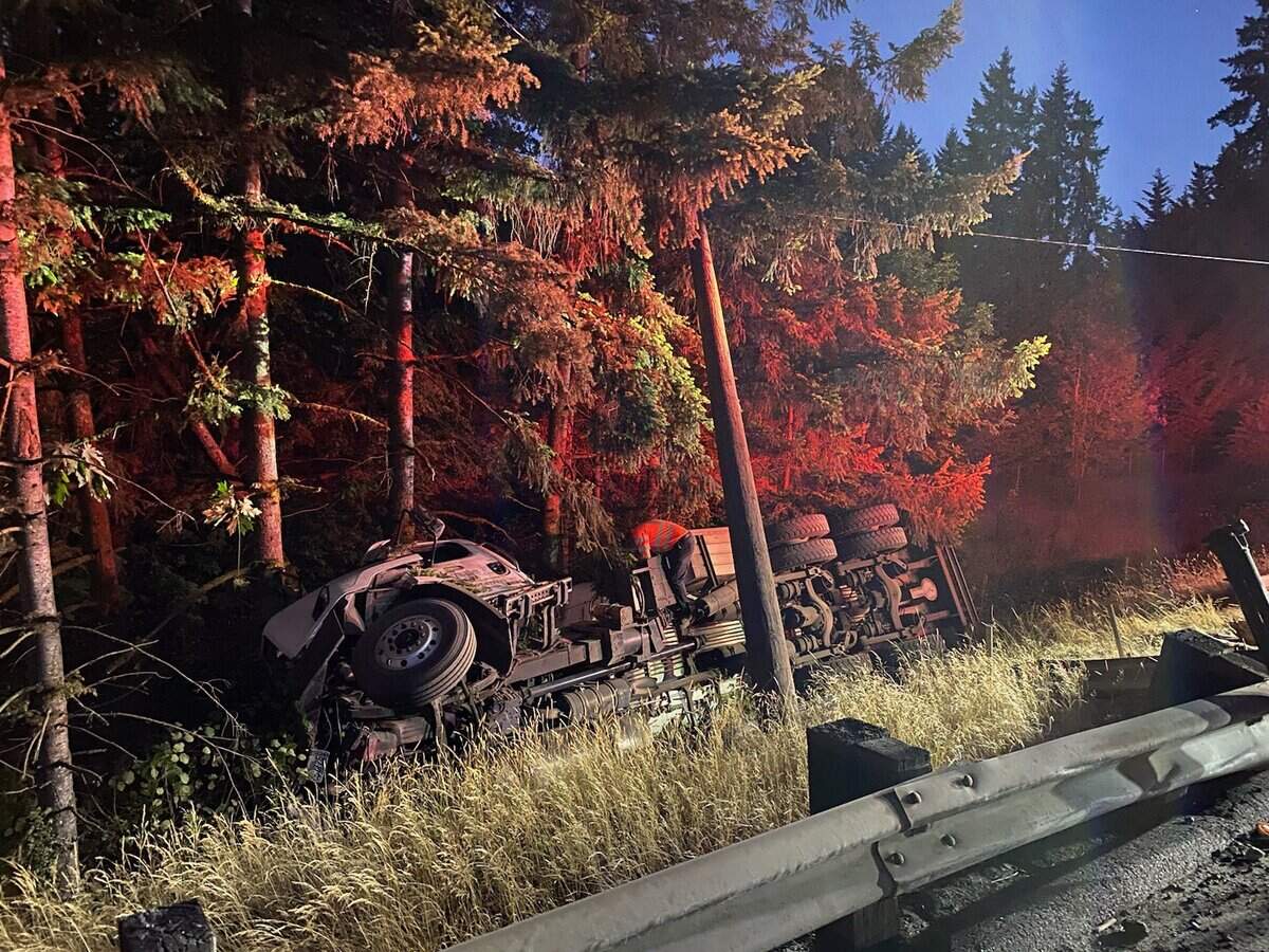 A tanker truck took a spill on eastbound state Route 16 early Aug. 14, 2023. The road opened five hours later.&nbsp;