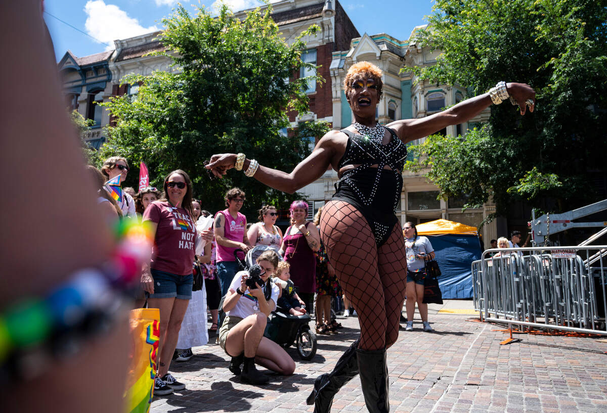 Drag Queen Le Tigre Love performs on Pacific Avenue at the Tacoma Pride Festival in Tacoma on July 9, 2022.