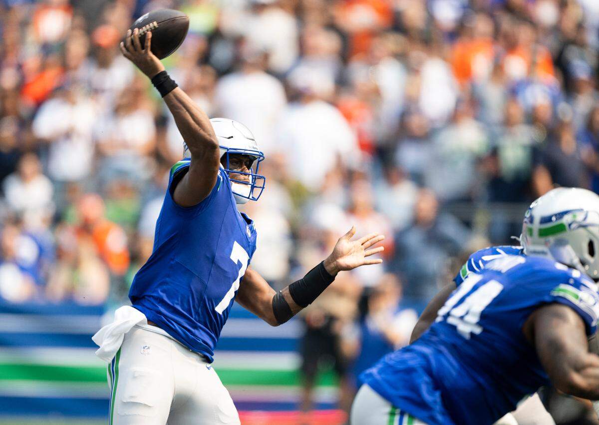 Seattle Seahawks quarterback Geno Smith (7) passes the ball during the first quarter of the game against the Denver Broncos at Lumen Field, on Sunday, Sept. 8, 2024, in Seattle, Wash.