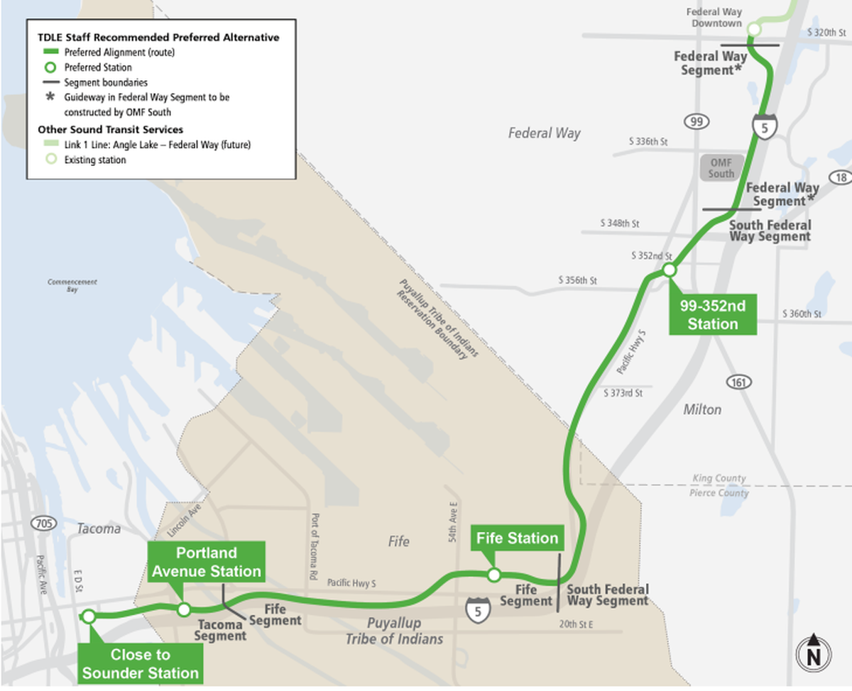 A map of the preferred Tacoma Dome Link Extension route would connect Tacoma to Federal Way by 2035.