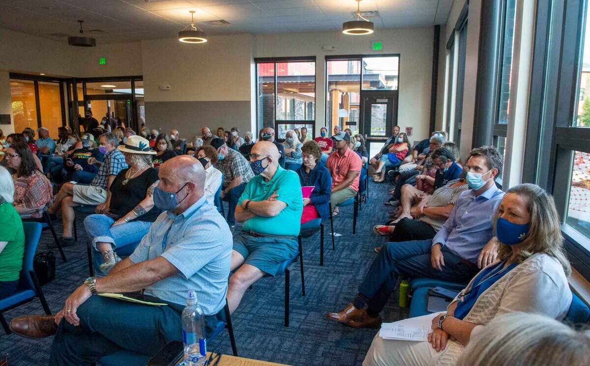 An overflow crowd attended a meeting Thursday evening July 22, 2021 in the community room of Swift Water Elementary where the Peninsula school board voted on resolutions about ‘critical race theory’ and sexual education.