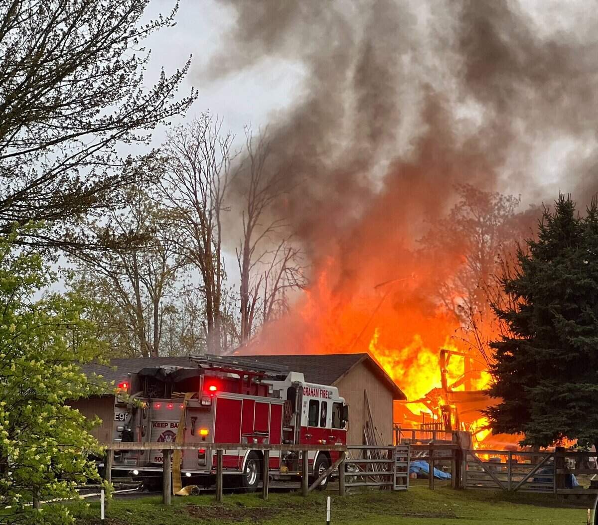 Graham Fire & Rescue crews were called to the scene of a large barn fire Monday, April 25, in the 22900 block of Meridian Avenue.