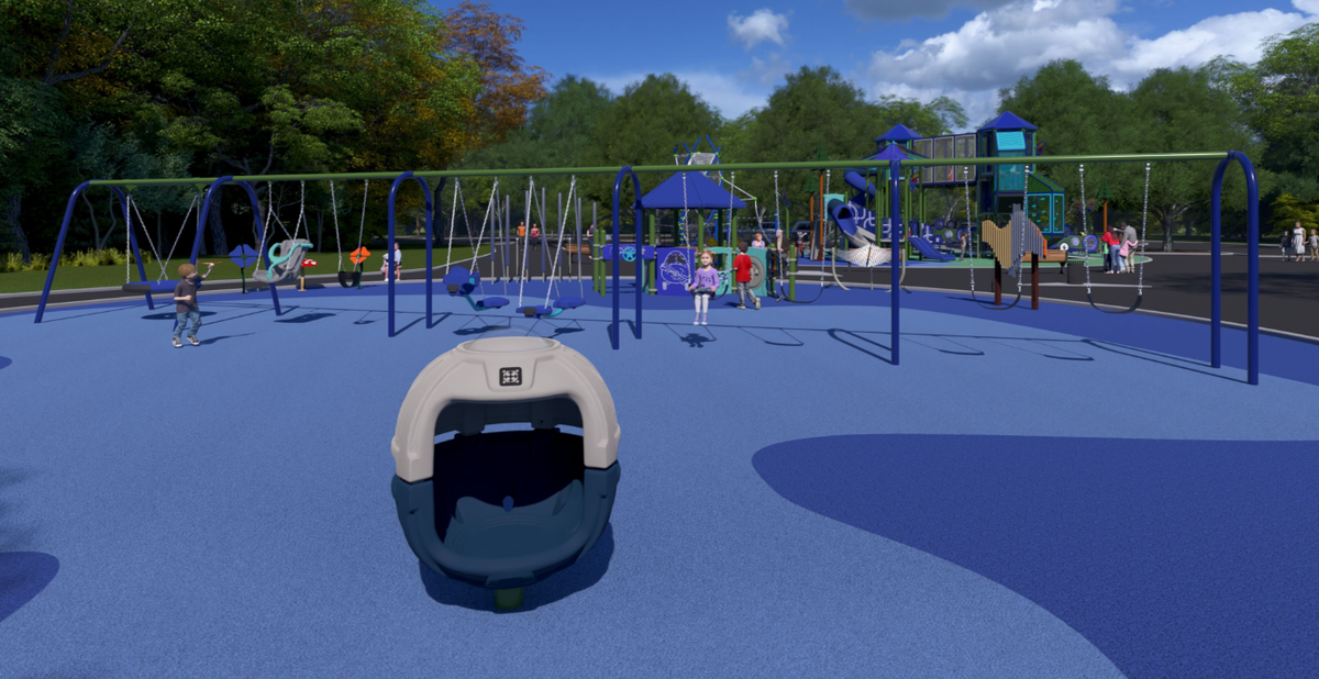 A rendering for a new playground design at Bradley Lake Park, located at 531 31st Ave. SE in Puyallup, Wash. One of the incoming changes will include a brand new swing zone, shown in the back, along with a spinmax pod for kids who want a quiet space where they can still take part in the playground.