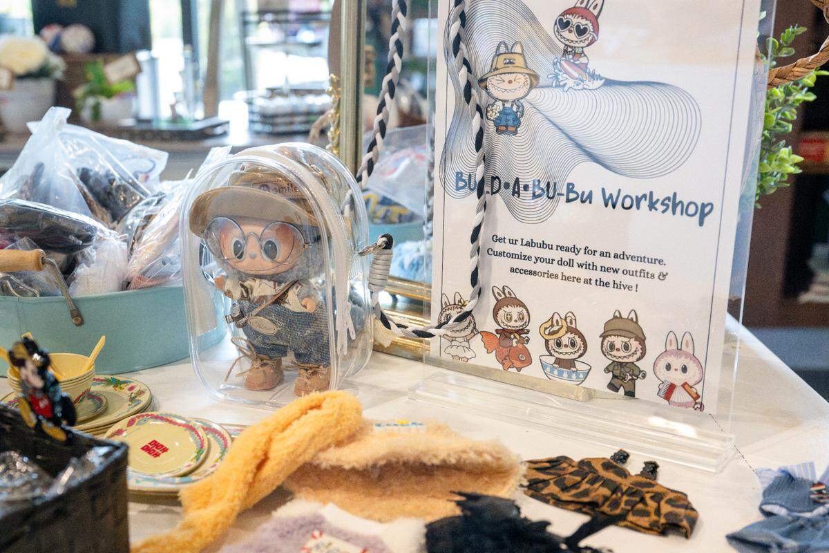 A “Build-A-Bu-Bu” section features tiny clothes and accessories for Labubu collectables at The Hive Market on Wednesday, June 25, 2025, in DuPont, Wash.