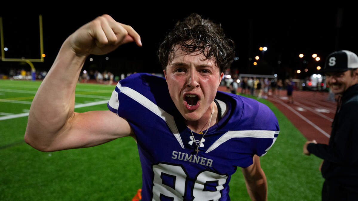 Sumner place kicker Austin Ferencz (88) reacts to kicking the game-winning field goal in overtime against Lake Stevens at Sumner High School, on Friday, Sept. 6, 2024, in Sumner, Wash.