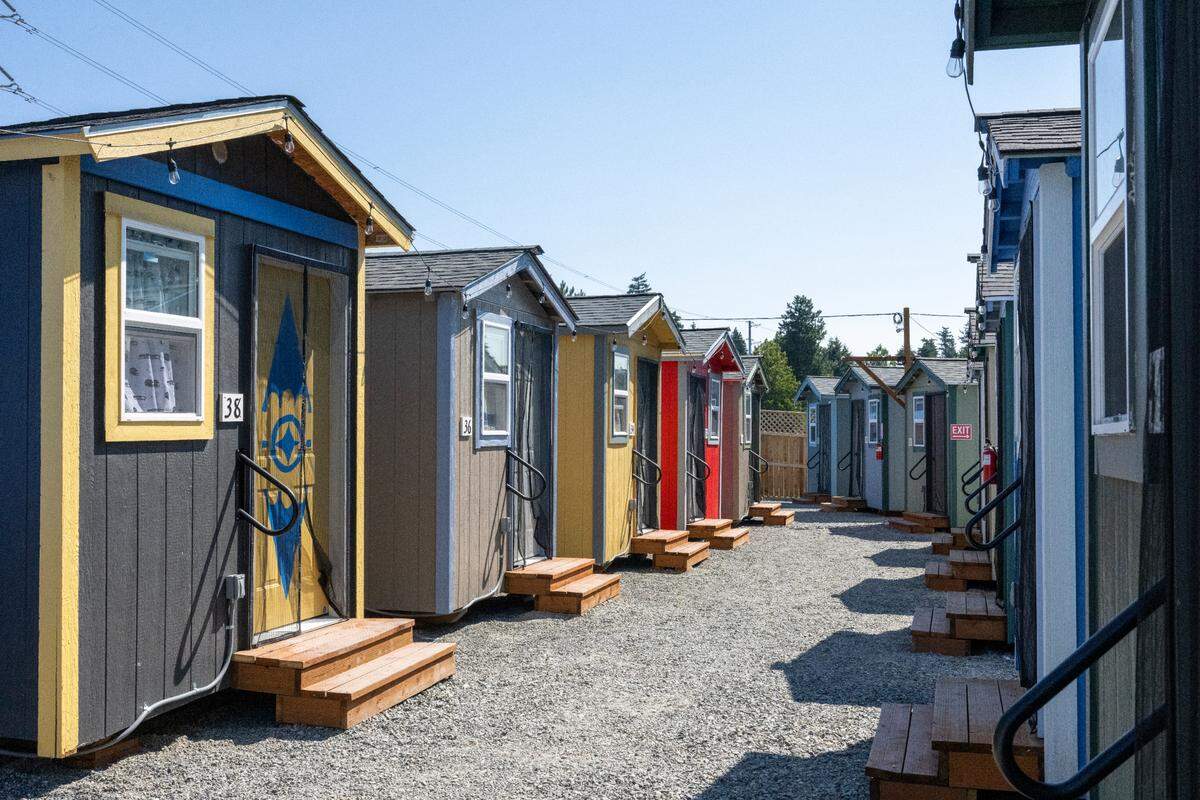 Sixty tiny homes make up the Kingfisher Village in South Tacoma, pictured on Wednesday, July 23, 2025, in Tacoma. The tiny home village is operated by the Low Income Housing Institute.