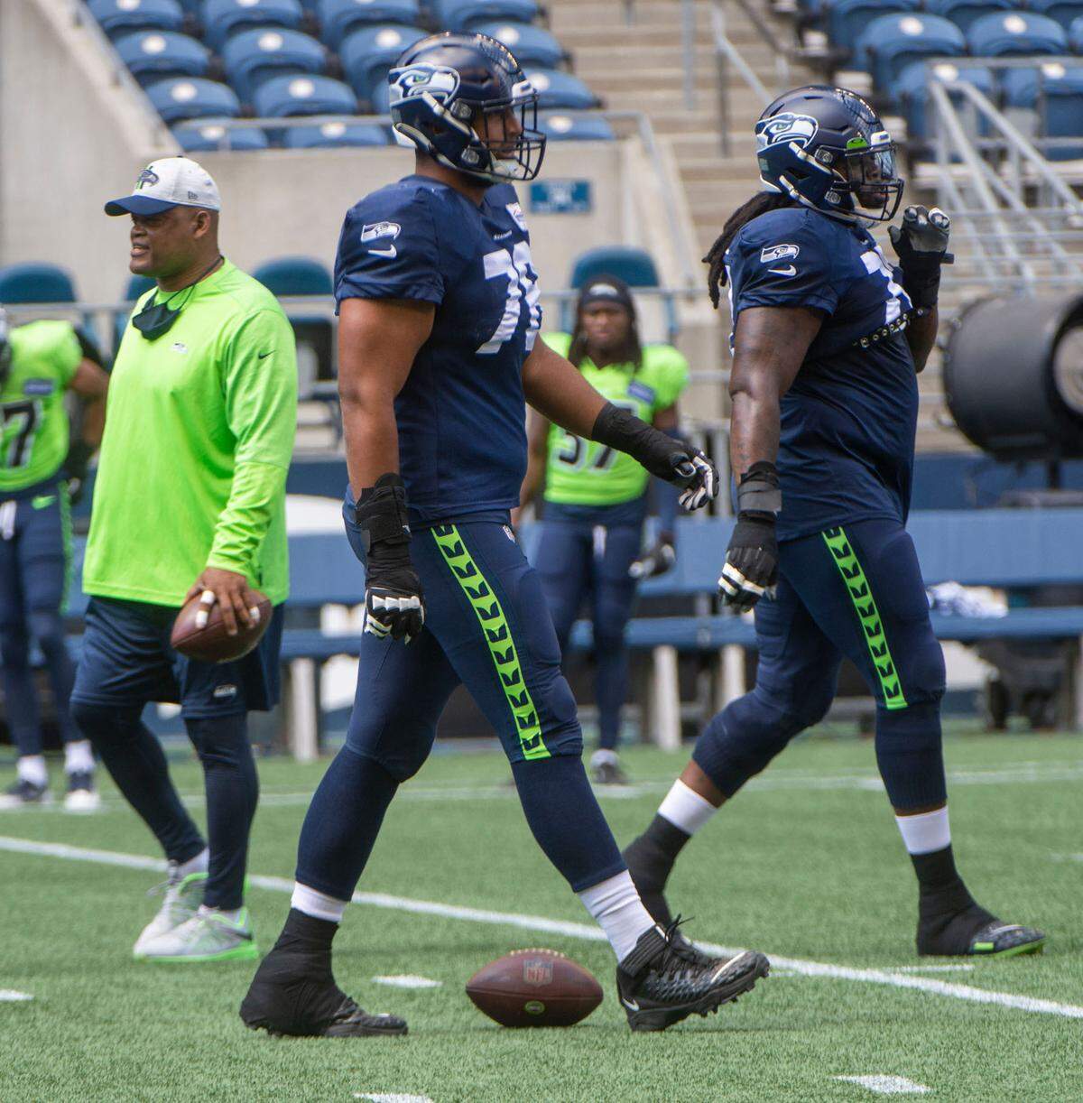 Offfenisive tackle Stone Forsythe prior to the annual training camp mock game at Lumen Field in Seattle on August, 5, 2021.