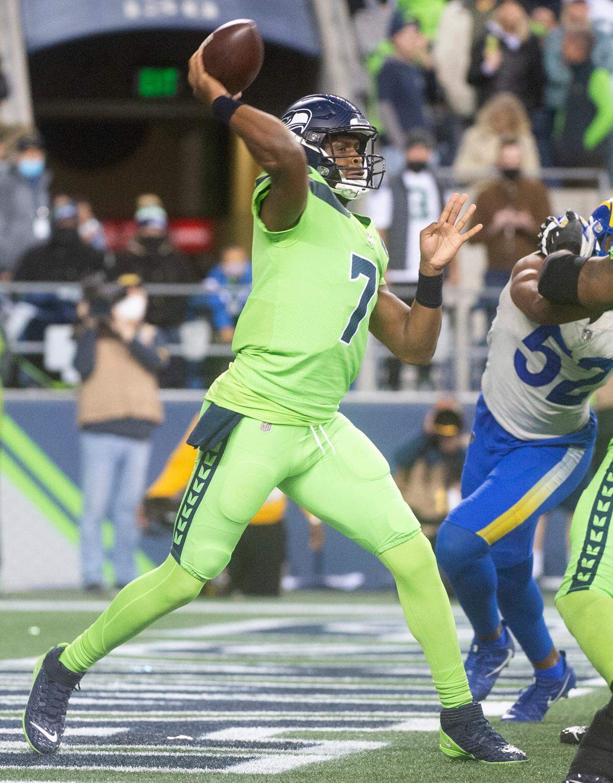 Seattle Seahawks backup quarterback Geno Smith came in to replace Russell Wilson after the starter hurt his hand during the NFL’s Thursday Night Football game against the Los Angeles Rams at Lumen Field in Seattle, Washington, on Oct. 7, 2021. The Rams won the game, 26-17.