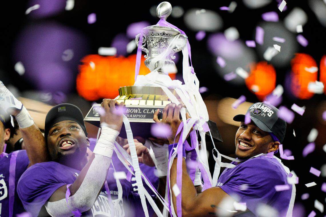 after the Sugar Bowl CFP NCAA semifinal college football game between Washington and Texas, Tuesday, Jan. 2, 2024, in New Orleans. Washington won 37-31. (AP Photo/Jacob Kupferman)