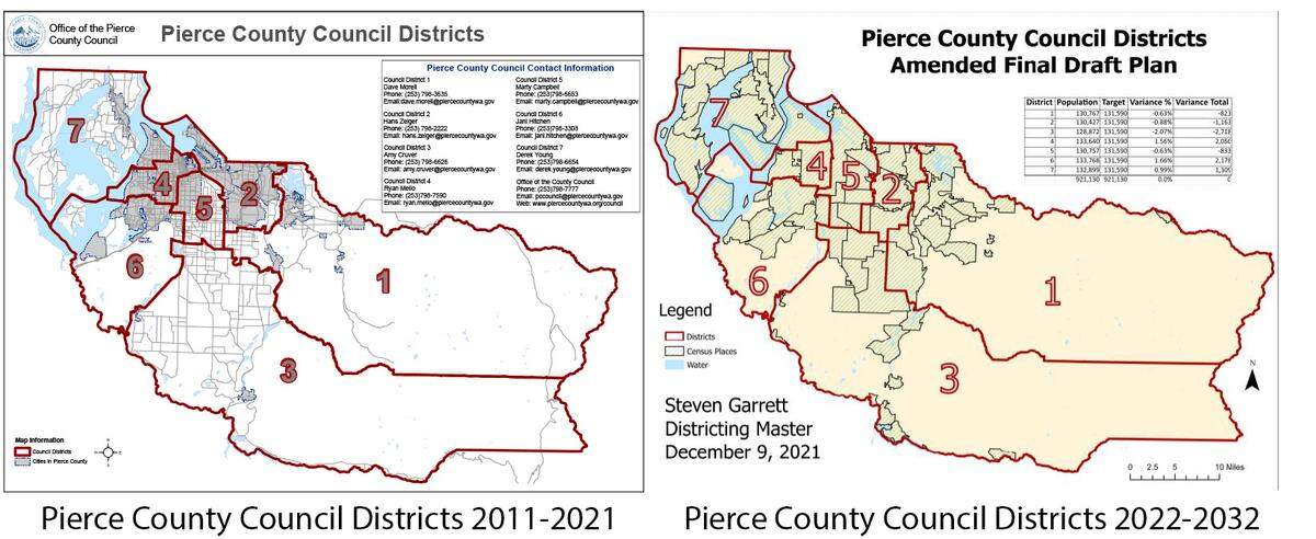 A side-by-side view of the redistricting after the 2020 U.S. census of the Pierce County Council Districts.