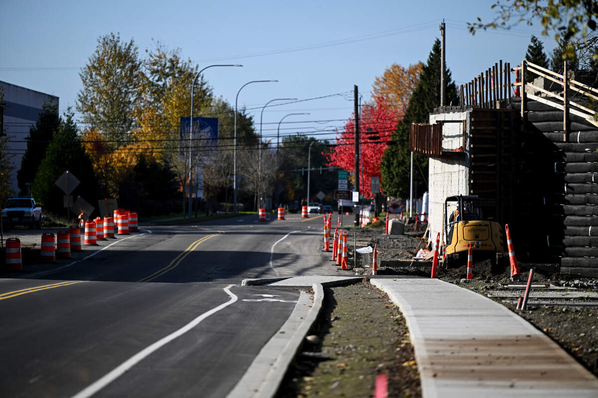Construction takes places on the 167 Completion Project near Hylebos Creek, on Wednesday, Nov. 8, 2023, in Tacoma, Wash. the project will add a toll road and rehabilitate Hylebos Creek.