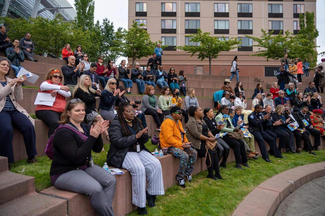 Community members gather at Tollefson Plaza in Tacoma, Wash. on Wednesday June 15, 2022 to celebrate the first year that the city of Tacoma is celebrating Juneteenth. There were speeches from various people including the Mayor of Tacoma, Evergreen State College’s Dean, and an artist Dionne Bonner who will be creating a mural at Tollefson Plaza.