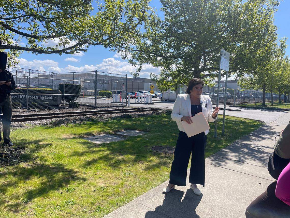 U.S. Rep. Emily Randall, a Democrat who represents Washington’s 6th Congressional District, speaks to reporters after she toured the Northwest ICE Processing Center in Tacoma on Tuesday, April 22, 2025.