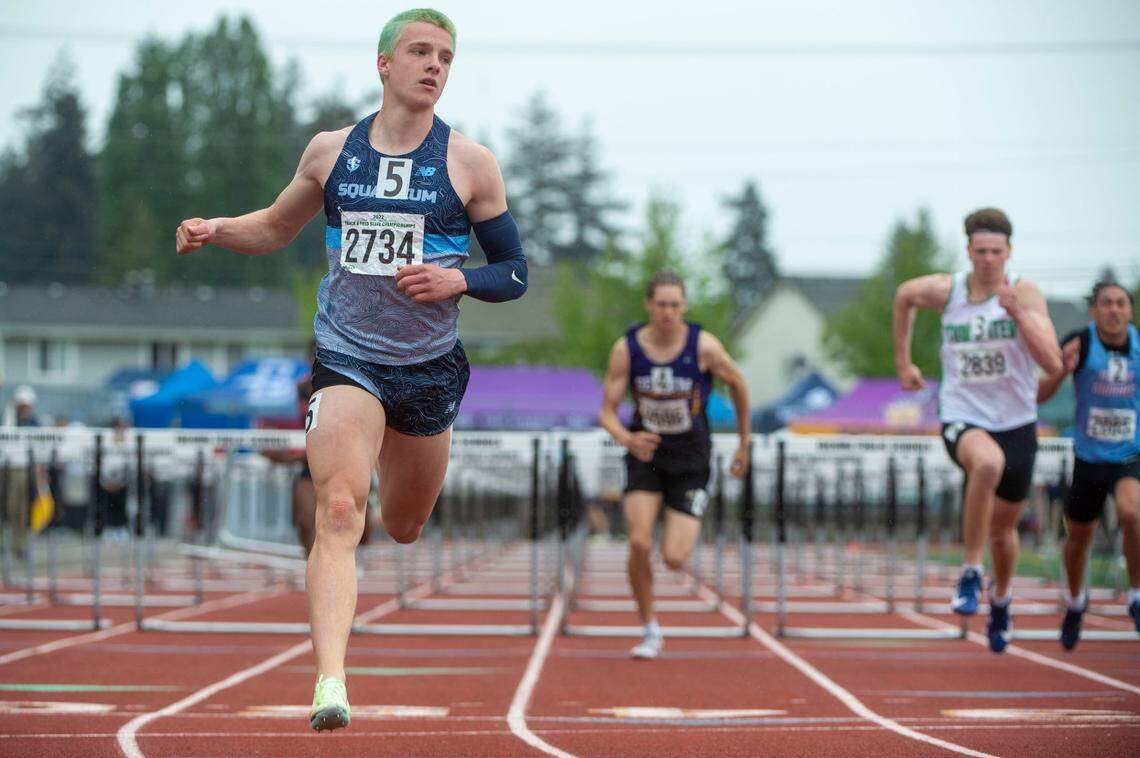Squalicum’s Andre Korbmacher crosses the finish line well ahead of the competition during the first heat of the 2A 110-hurdles at the State 2A, 3A, 4A track and field championships on Thursday, May 26, 2022, at Mount Tahoma High School in Tacoma Wash.