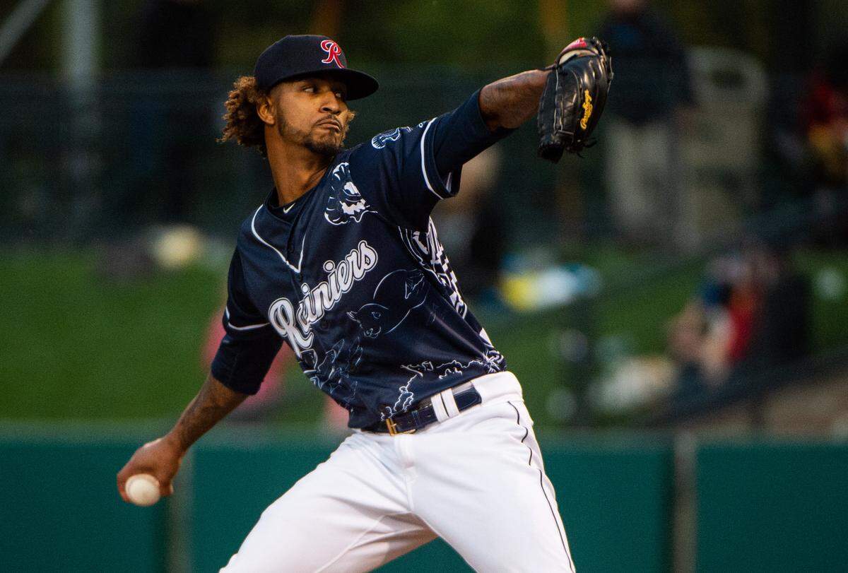 Gerson Bautista pitches during the game. The Tacoma Rainiers played the Fresno Grizzlies in a Minor League baseball game at Cheney Stadium in Tacoma, Wash., on Tuesday, May 21, 2019.