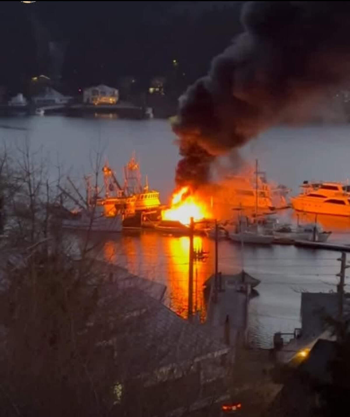A fire broke out on Bujacich Dock in Gig Harbor, Wash., around 7 a.m. on Saturday, Jan. 25, 2025, sending multiple boats up in flames.