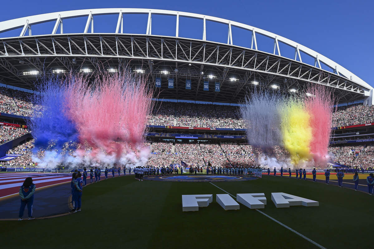 Colored smoke emulates the colors of the United States of America and Belgium ahead of the round of sixteen FIFA World Cup match on Monday, July 6, 2026, in Seattle.