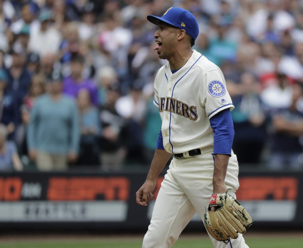 Seattle Mariners closing pitcher Edwin Diaz reacts during a baseball game against the Kansas City Royals, Sunday, July 1, 2018, in Seattle. (AP Photo/Ted S. Warren)