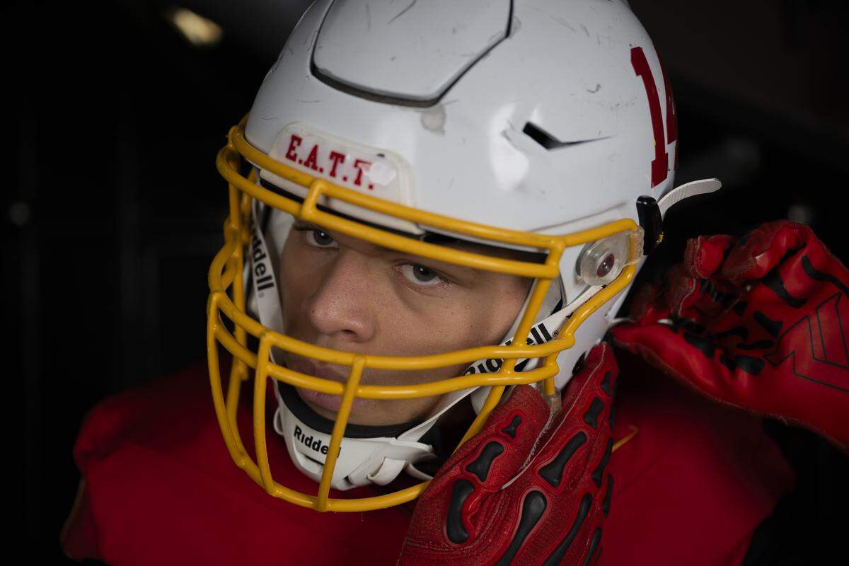 Mount Tahoma senior linebacker Shan Jones poses for a portrait after being selected as first-team defense for The News Tribune’s 2025 All-Area football team at Mount Tahoma High School, on Sunday, Dec. 7, 2025, in Tacoma, Wash.