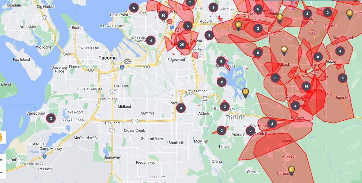A power outage map from Puget Sound Energy made at 8:30 a.m. Wednesday shows large swaths of eastern Pierce County affected by power loss. More than 400,000 customers are affected, system wide. Tacoma, serviced mainly by Tacoma Public Utilities, had only 105 outages reported at the same time.