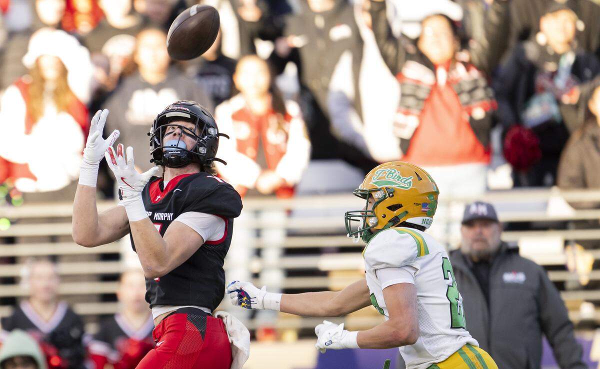 Archbishop Murphy tight end Henry Gabalis (11) catches a touchdown pass during the first quarter of the 2A State Championship game against Tumwater at Husky Stadium, on Saturday, Dec. 6, 2025, in Seattle.