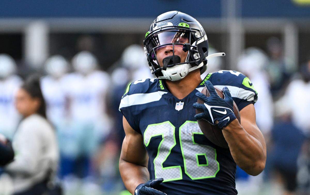 Seattle Seahawks running back Zach Charbonnet (26) before the preseason game against the Dallas Cowboys at Lumen Field, Saturday, Aug. 19, 2023, in Seattle, Wash.