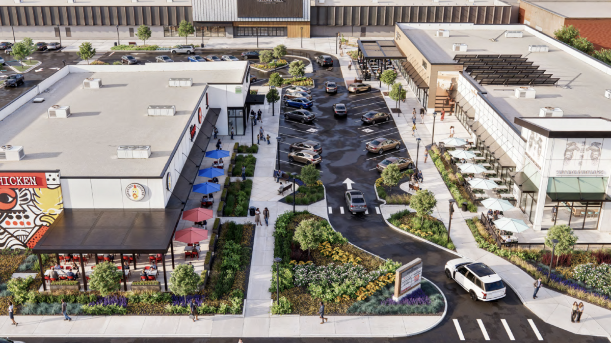 An aerial rendering of Tacoma Mall’s The Village that will be home to several new restaurants.