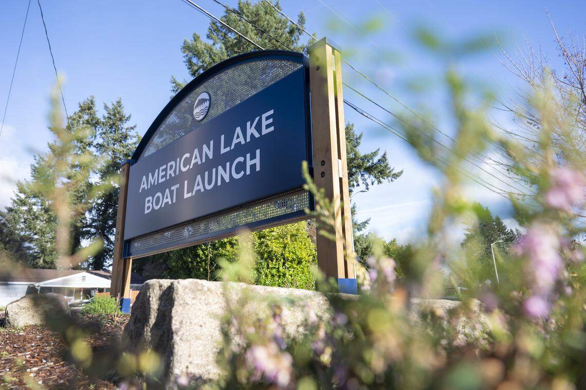A sign marks the entrance to the American Lake boat launch on Tuesday, Jan. 13, 2026, at American Lake Park in Lakewood, Wash. The launch reopened this month after being closed for more than a year.