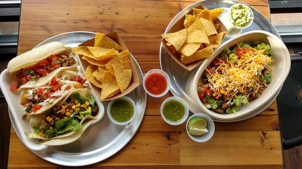 A trio of tacos, left, and a rice-and-beans bowl, right, from Pico De Gallo Mexican Grill in Parkland.