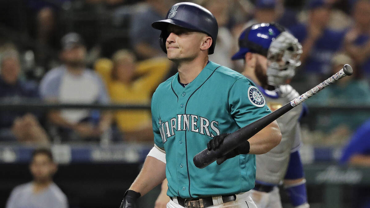 Seattle Mariners’ Kyle Seager reacts after striking out swinging against the Toronto Blue Jays during the ninth inning of a baseball game Friday, Aug. 3, 2018, in Seattle. The Blue Jays won 7-2. (AP Photo/Ted S. Warren)