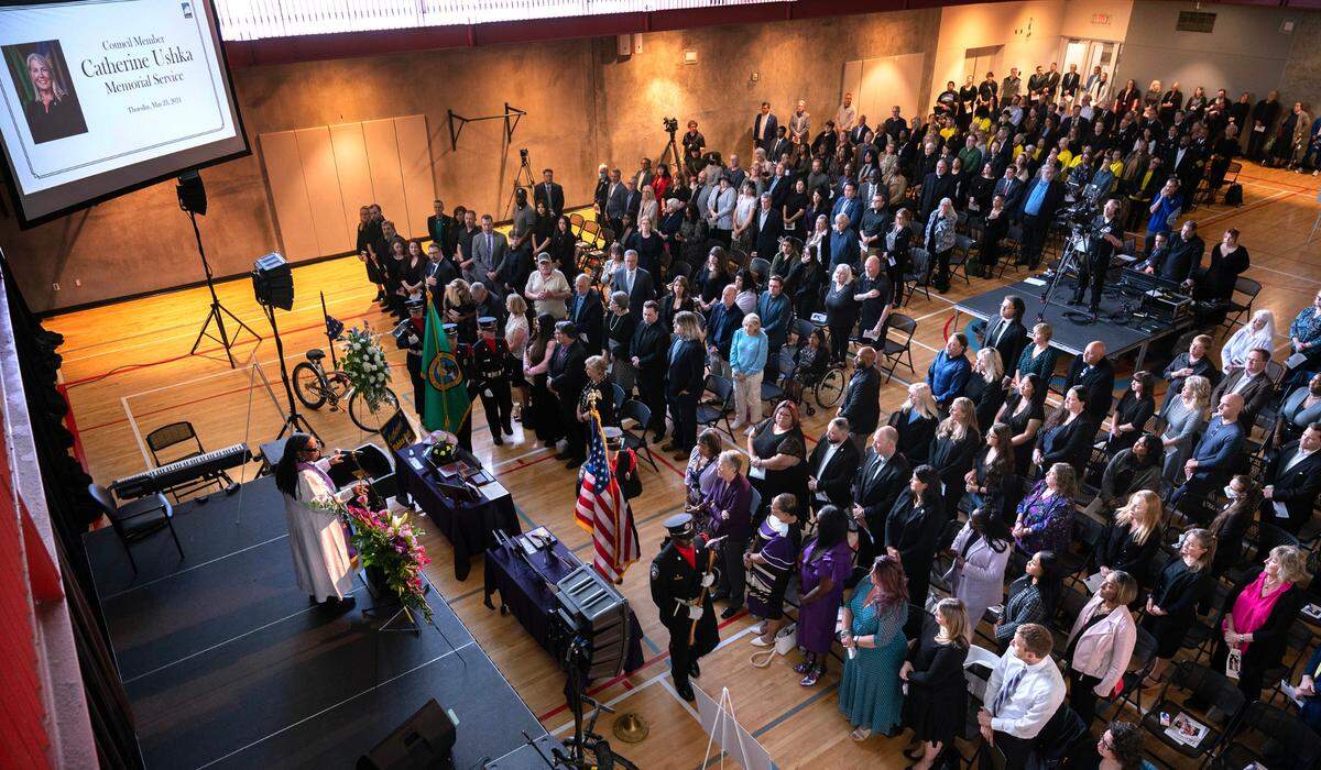 The Tacoma Fire Deparment Color Guard opens the Celebration of Life service for former Tacoma City Council member Catherine Ushka at the Eastside Community Center in Tacoma, Washington, on Thursday, May 23, 2024.