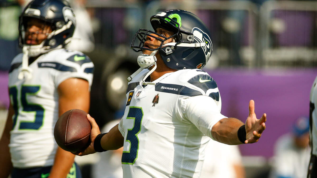 Seattle Seahawks quarterback Russell Wilson (3) before an NFL football game against the Minnesota Vikings in Minneapolis, Sunday, Sept. 26, 2021. (AP Photo/Bruce Kluckhohn)
