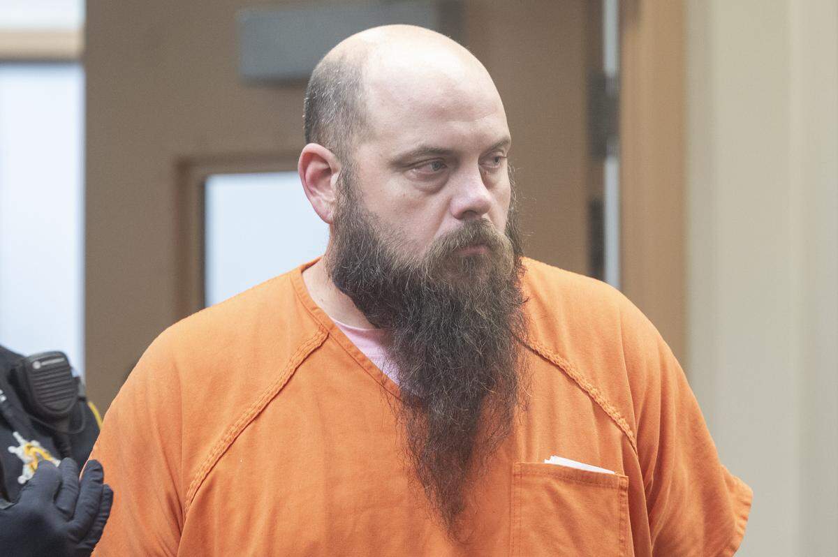 Nicholas Badger Prather, 42, is arraigned on Monday, Dec. 8, 2025, at Pierce County Superior Court in Tacoma. Prather has been charged with first-degree murder in the Dec. 5 shooting of a 14-year-old boy on McKinley Avenue in Tacoma.