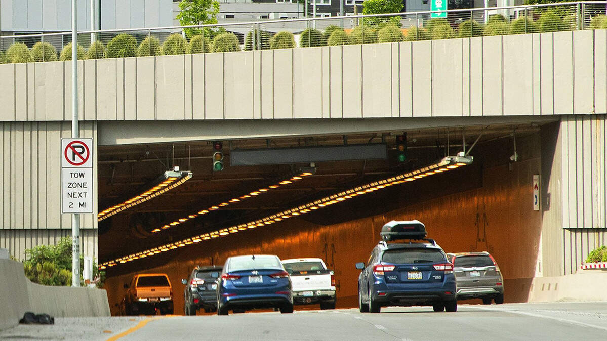 Rush-hour traffic, traveling southbound on Highway 99 through the new Seattle tunnel on May 13, 2019. Tolls will go into effect in November.