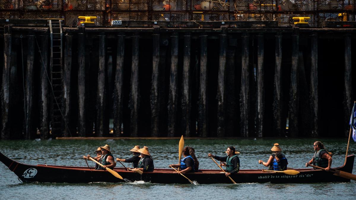 Members of the The Tulalip Tribes row down Hylebos creek during the Power Paddle to Puyallup in Tacoma on July 28, 2018. A sewage spill advisory was issued Wednesday for Hylebos Creek and Leach Creek in Fircrest.