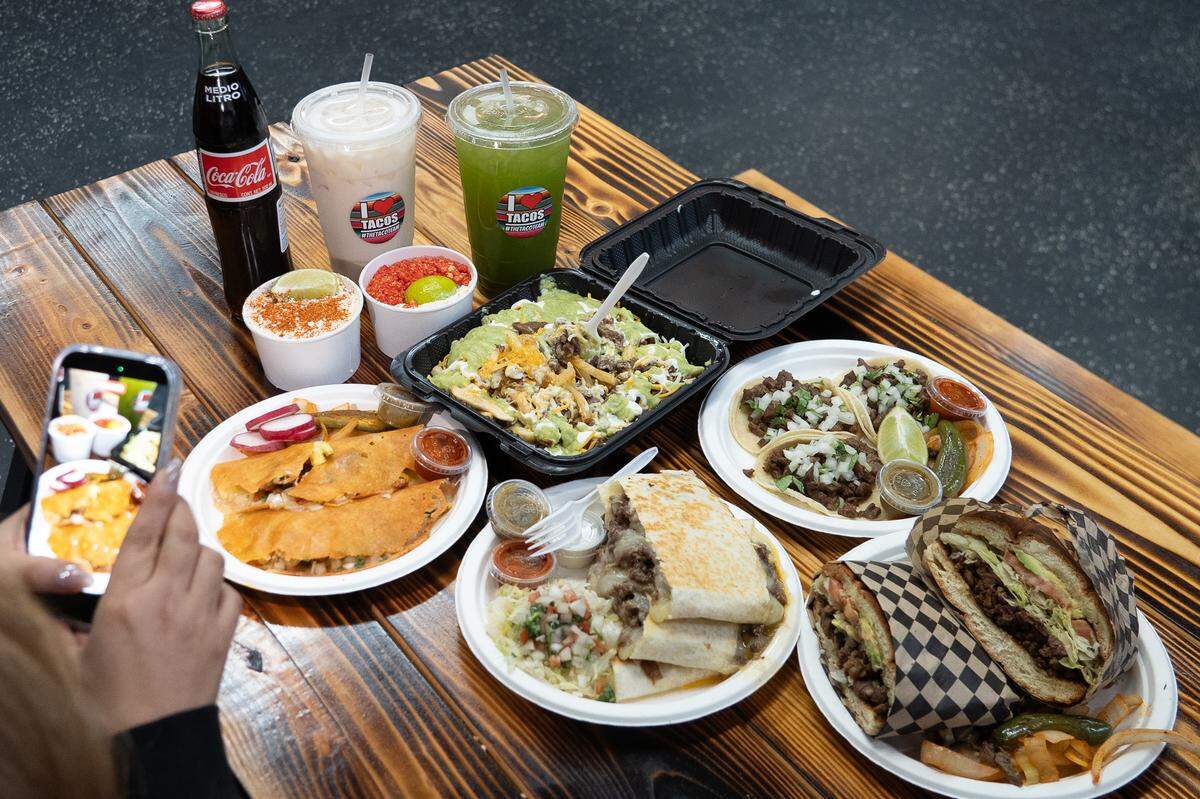 A selection of eats from I Love Tacos in Tacoma, including keto tacos (which have a cheese shell,) steak tacos, carne asada fries, steak quesadilla and a steak torta, photographed on Jan. 7, 2026.