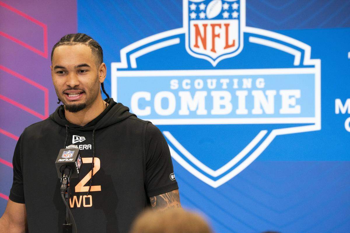 Feb 28, 2025; Indianapolis, IN, USA; Ohio State wideout Emeka Egbuka (WO12) speaks during a press conference during the 2025 NFL Combine at Indiana Convention Center. Mandatory Credit: Stephanie Amador Blondet-Imagn Images