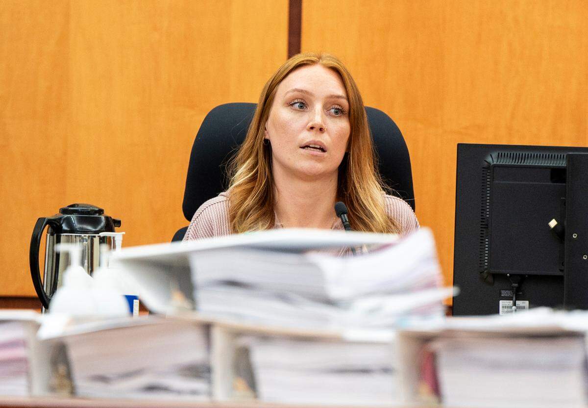 Sara McDowell, an eyewitness, testifies during the trial of Tacoma Police Officers Christopher Burbank, Matthew Collins and Timothy Rankine in the killing of Manny Ellis at Pierce County Superior Court, Tuesday, Oct. 10, 2023, in Tacoma, Wash. (Brian Hayes / Pool Photo – The News Tribune)