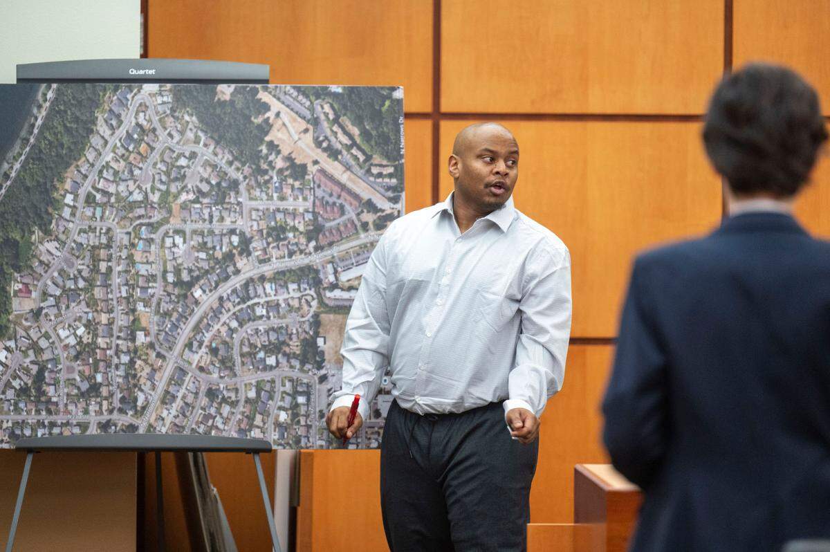 Sedrick Altheimer testifies where he was driving on his paper route the night he encountered Pierce County Sheriff Ed Troyer on Tuesday, Dec. 6, 2022, in Pierce County District Court in Tacoma.