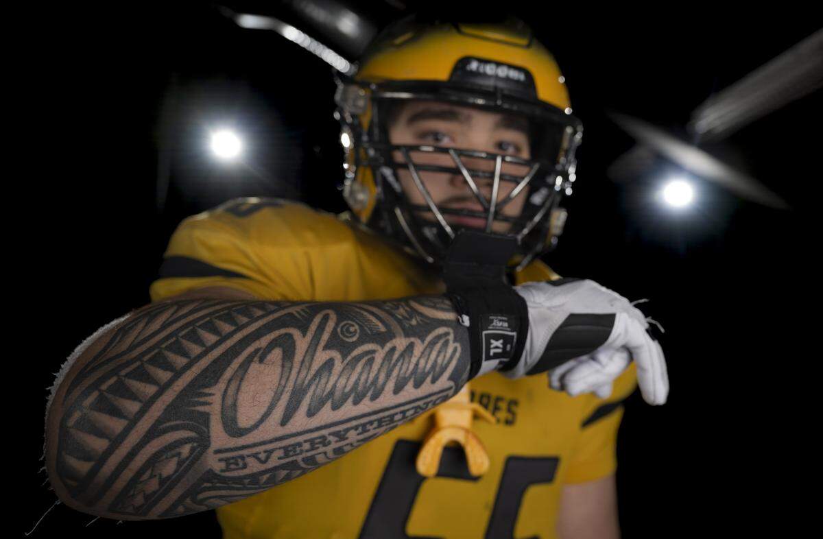 Lincoln senior defensive tackle Anthony Mancao poses for a portrait after being selected as first-team defense for The News Tribune’s 2025 All-Area football team at Mount Tahoma High School, on Sunday, Dec. 7, 2025, in Tacoma, Wash.