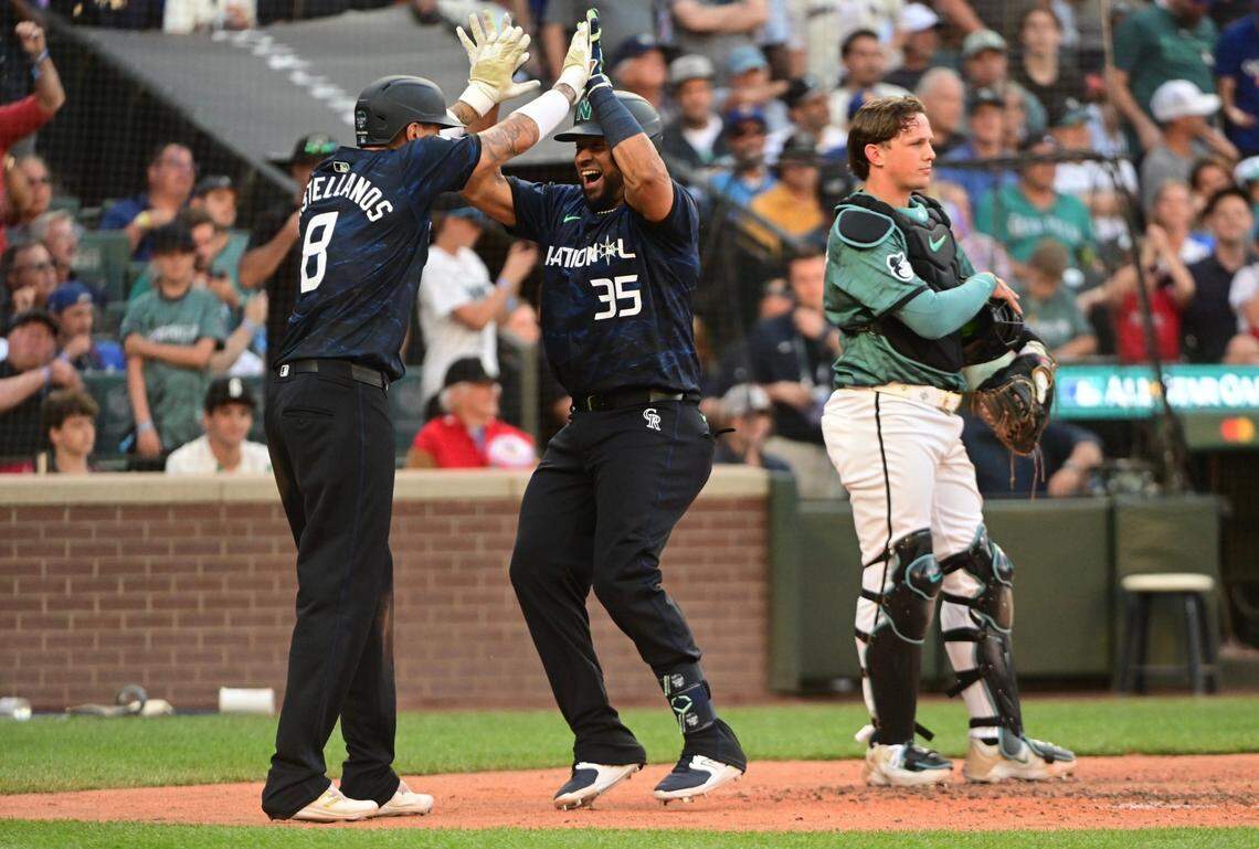 Colorado’s Elias Diaz gave the NL team its first lead of the game an inning later in the eighth, entering as a pinch hitter and crushing a two-run home run to left off Baltimore’s Felix Bautista to make it 3-2 at the 2023 MLB All-Star Game at T-Mobile Park on Tuesday, July 11, 2023.