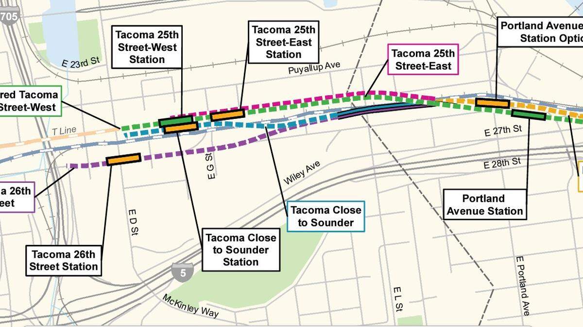 This map shows the routes under consideration for the Tacoma Dome Link Extension as it approaches the Freighthouse Square area.